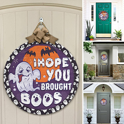 Alternative view of I Hope You Brought Boos Funny Halloween Decoration Boo Ghost Decor Circle Wooden Door Sign - Front Porch Sign