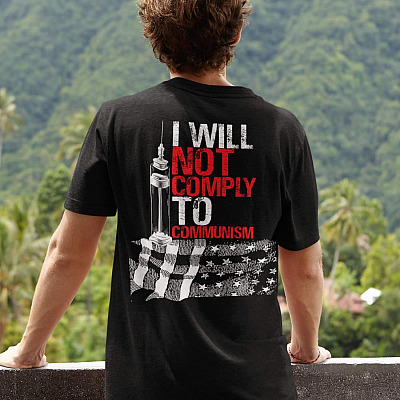 Alternative view of I Will Not Comply To Communism Print On Back T-Shirt - Anti Vaccine Mandate V-Neck Tee