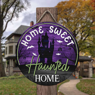 Home Sweet Haunted Home Halloween Welcome Sign Decorative Circle Wooden Door Sign - Front Porch Sign Indoor Outdoor Decor