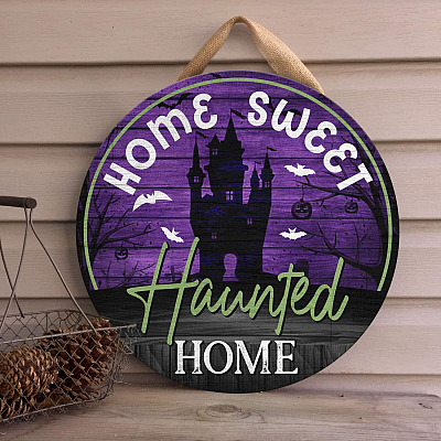 Alternative view of Home Sweet Haunted Home Halloween Welcome Sign Decorative Circle Wooden Door Sign - Front Porch Sign Indoor Outdoor Decor