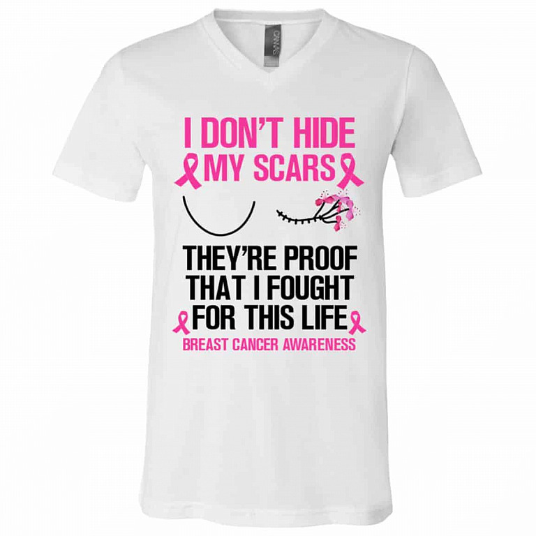 8VT. I Don't Hide My Scars Breast Cancer, White, V-Neck T-Shirt
