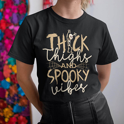 Alternative view of Thick Thighs And Spooky Vibes T-Shirt - Funny Halloween Spooky Vibes V-Neck Tee