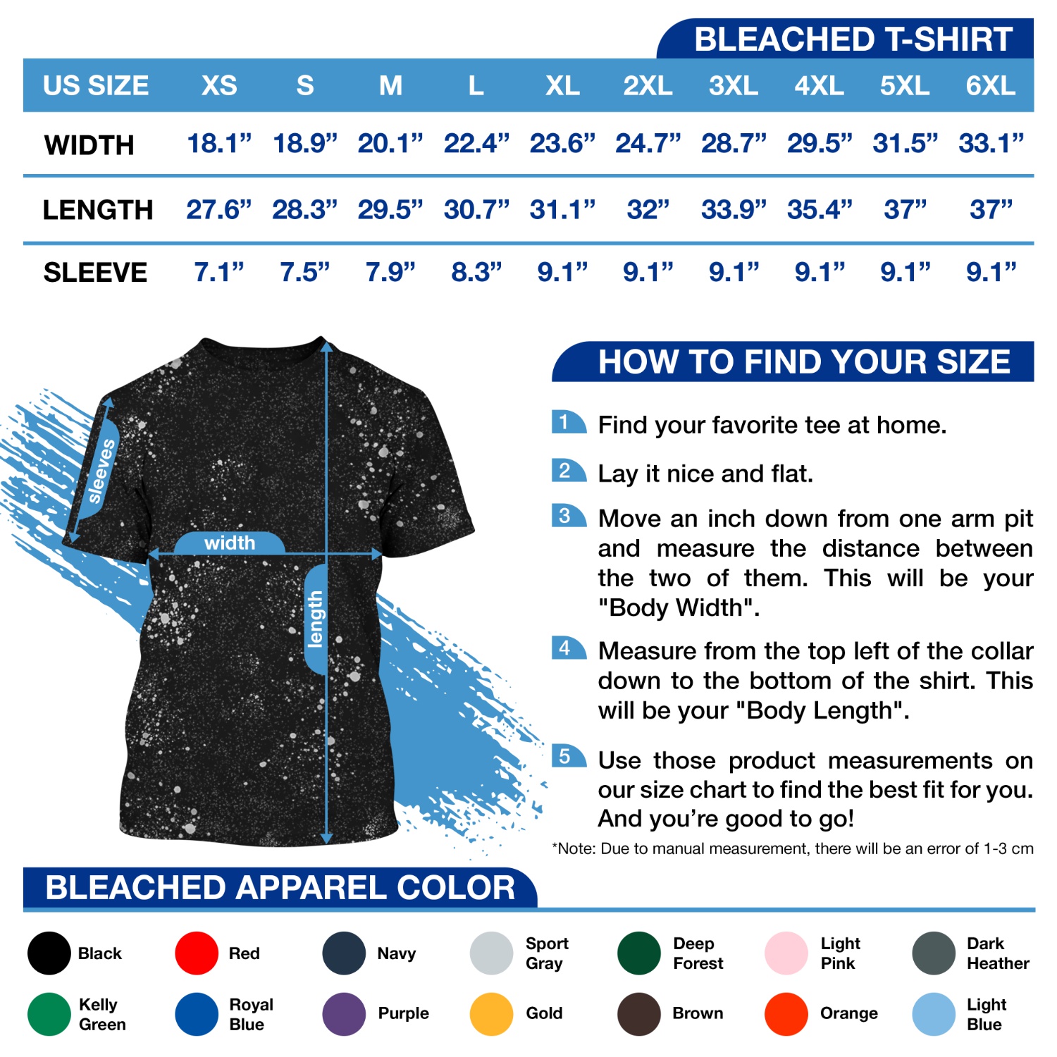 Bleached Tee Size Chart