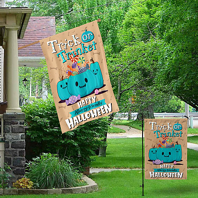 Alternative view of Trick Or Trinket Happy Allergy-Friendly Halloween Flag - Halloween Teal Pumpkin Garden Flag - House Flag