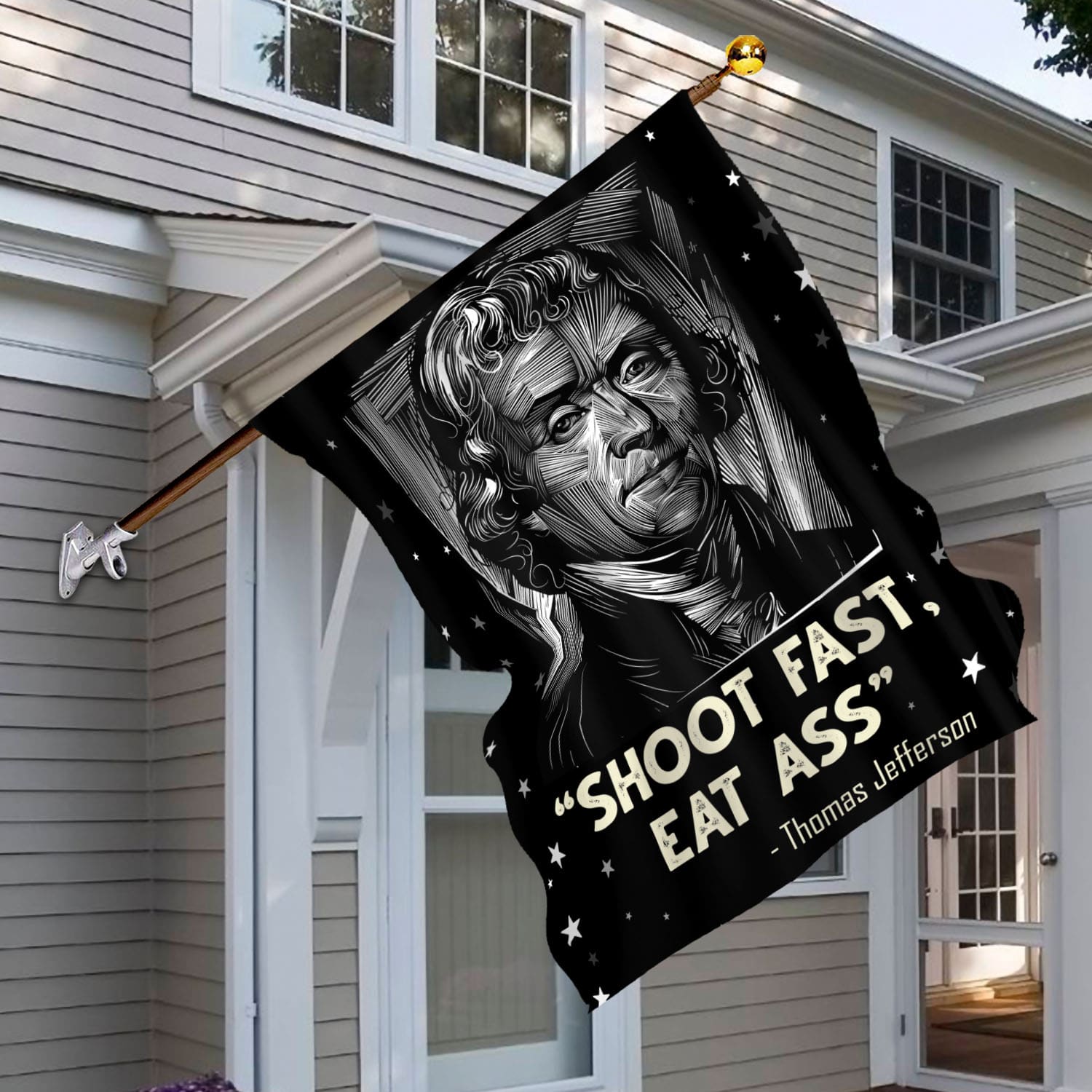 6BN. Shoot Fast Eat Ass 30x40 House Flag Mockup 6