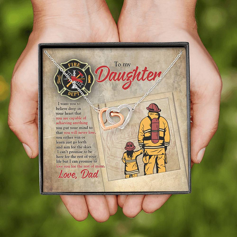 Firefighter To My Daughter I Want You To Believe Deep In Your Heart Interlocking Hearts Pendant Necklace