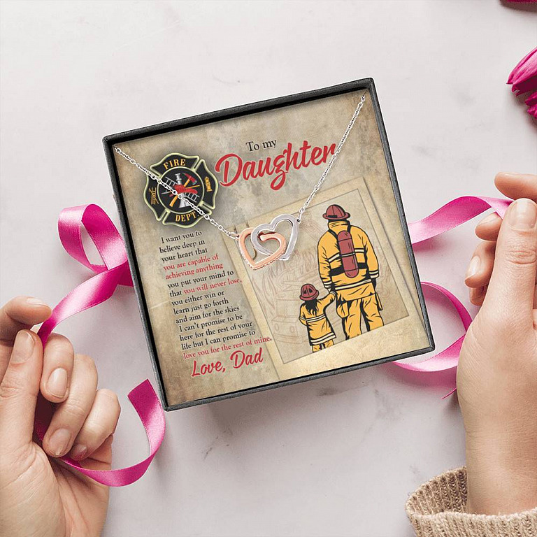 Firefighter To My Daughter I Want You To Believe Deep In Your Heart Interlocking Hearts Pendant Necklace