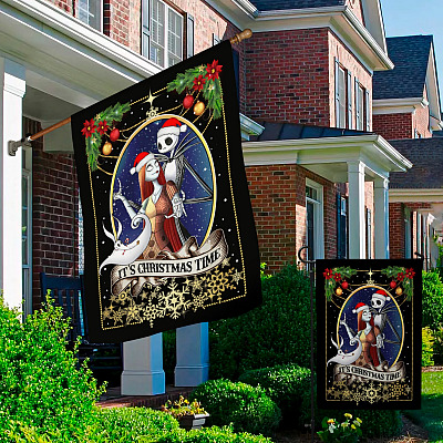 Alternative view of Jack Skellington and Sallie It's Christmas Time Decorative Garden Flag - Nightmare Christmas House Flag - Wall Flag