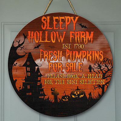 Sleepy Hollow Farm Est 1790 Fresh Pumpkins Decorative Circle Wooden Door Sign - Front Porch Sign Indoor Outdoor Decor