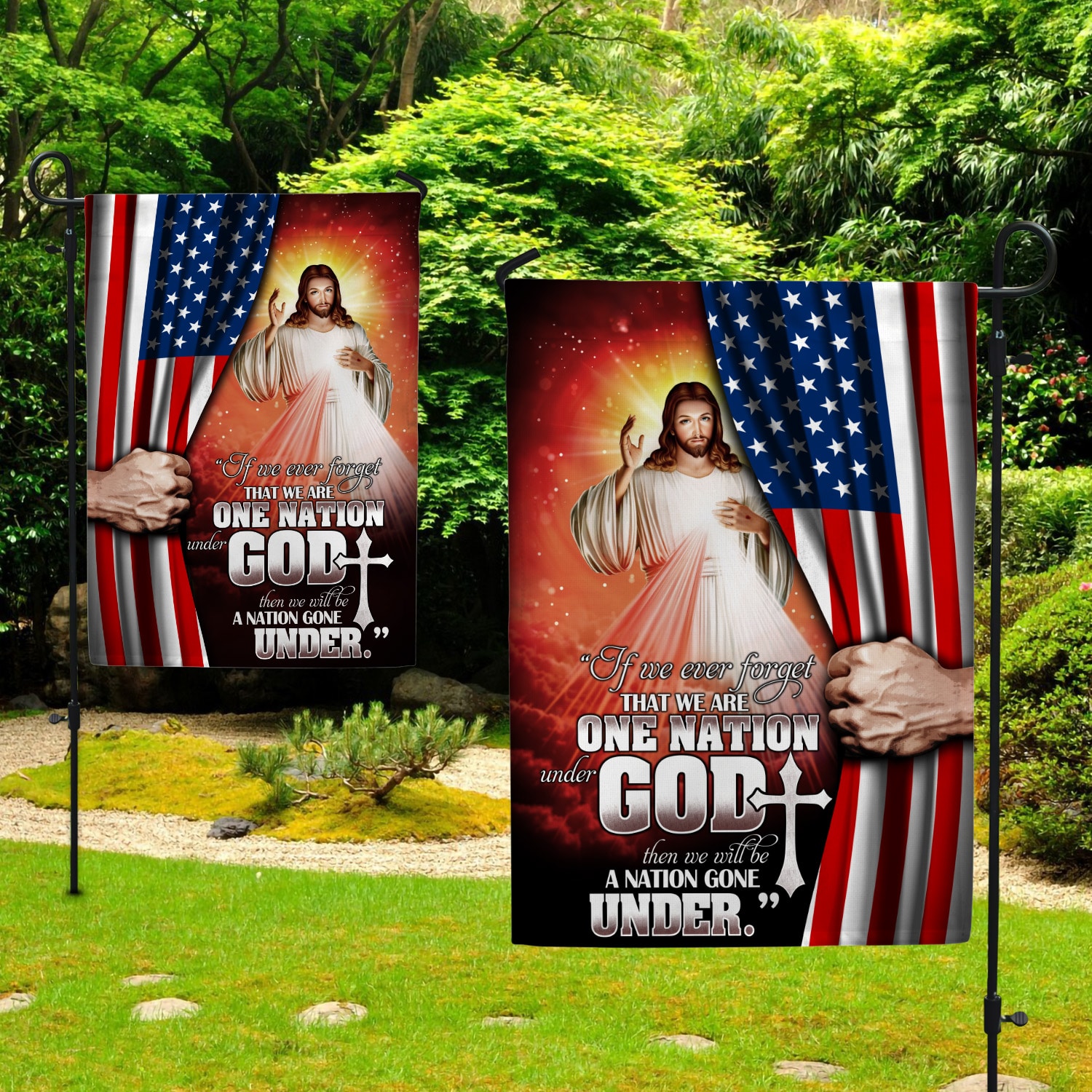 1KNG. God under 30x40 s1 Garden Flag Mockup 2 Side