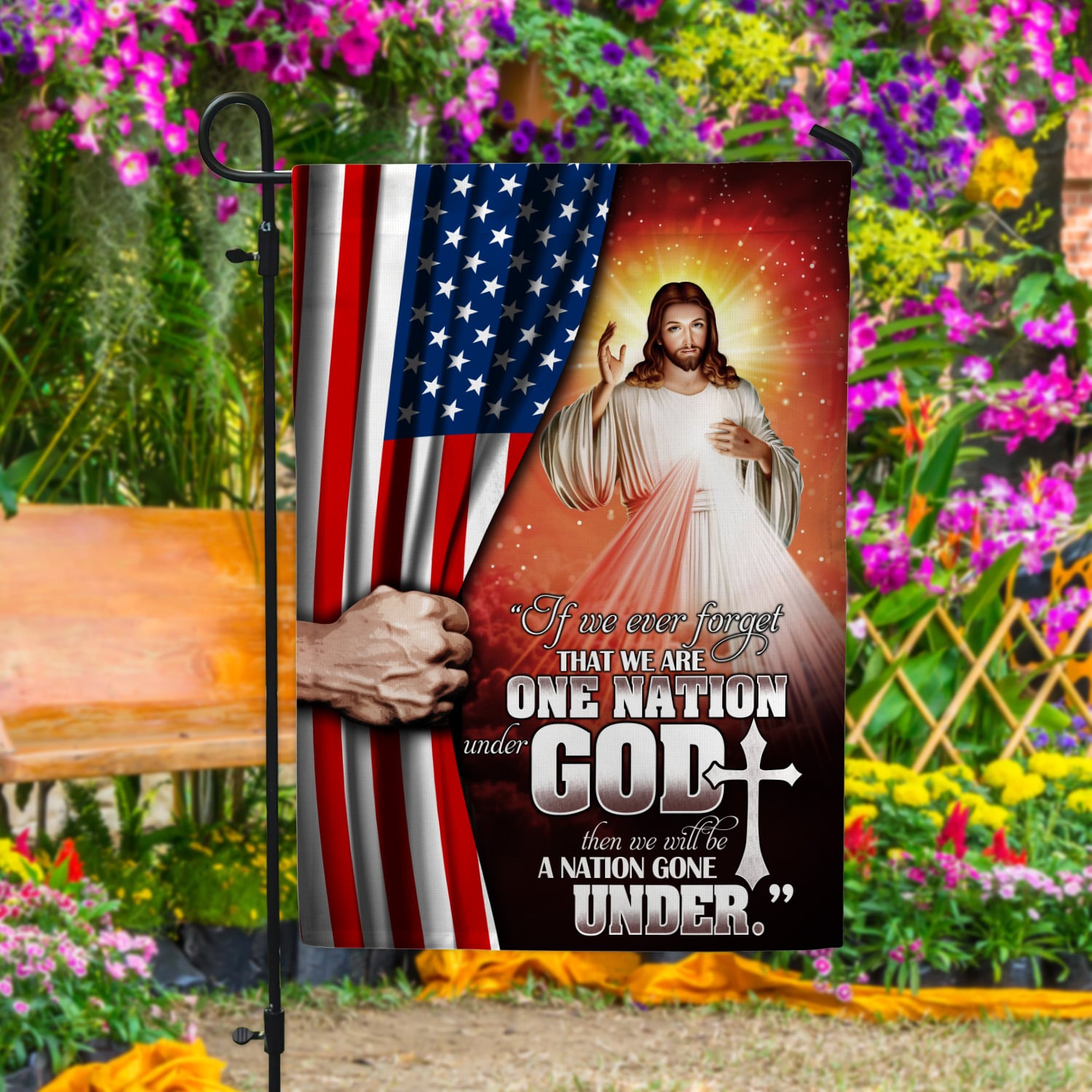 1KNG. God under 30x40 s1 Garden Flag Mockup 4