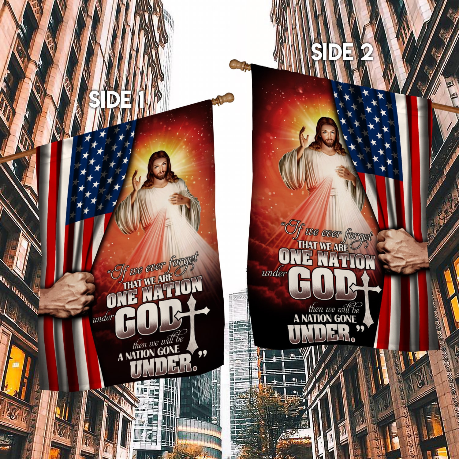 1KNG. God under 30x40 s1 House Flag Mockup 2 Side-1