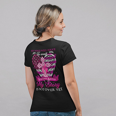 Alternative view of My Wings Will Have To Wait My Story Is Not Over Yet Breast Cancer Awareness Print On Back T-Shirt Only - V-Neck