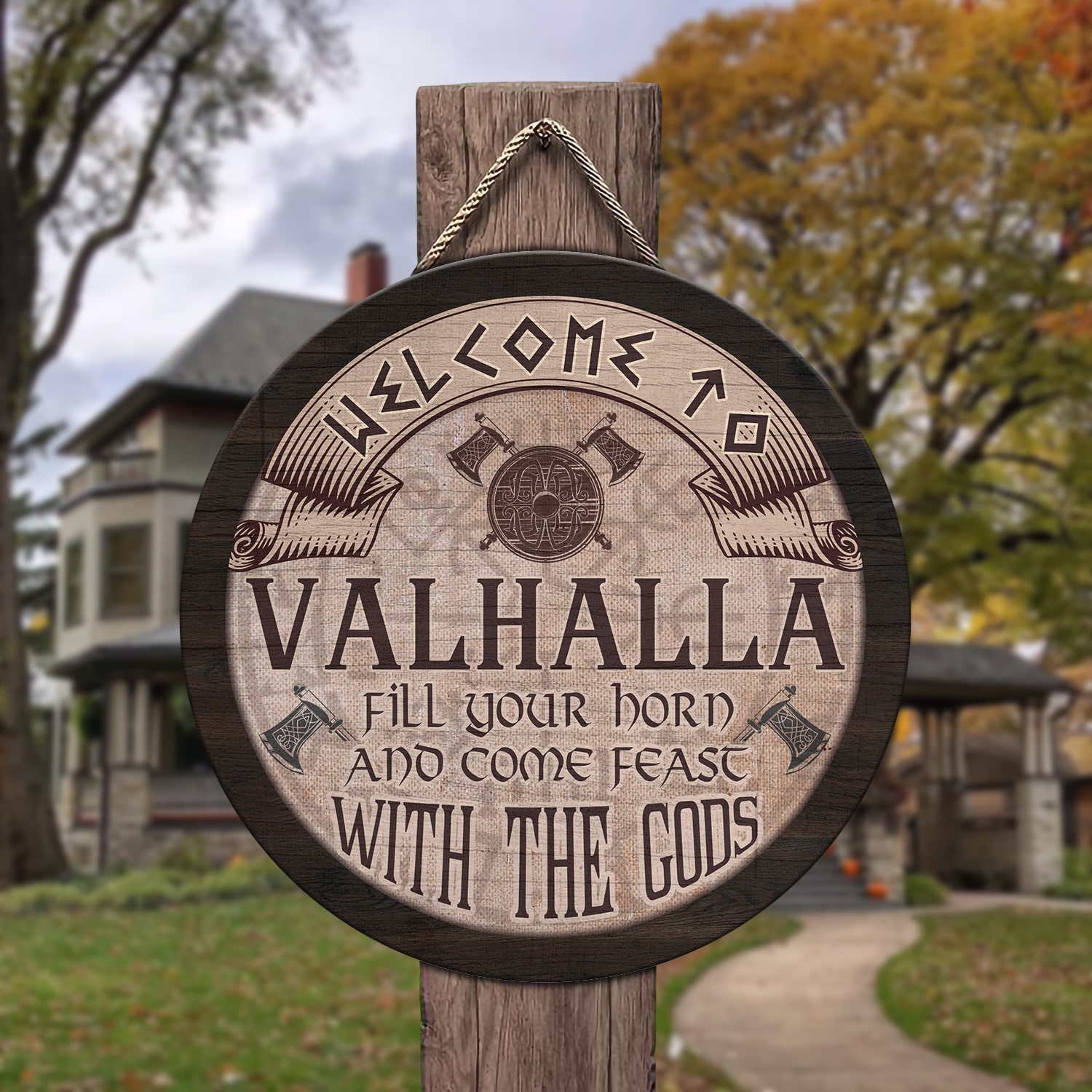 4LV. Welcome to Valhalla (Circle Door Sign) (1) Door Sign Mockup 3