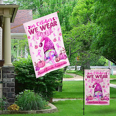 Alternative view of Gnome In October We Wear Pink Breast Cancer Awareness Decorative Garden Flag - Indoor Outdoor Flag - House Flag