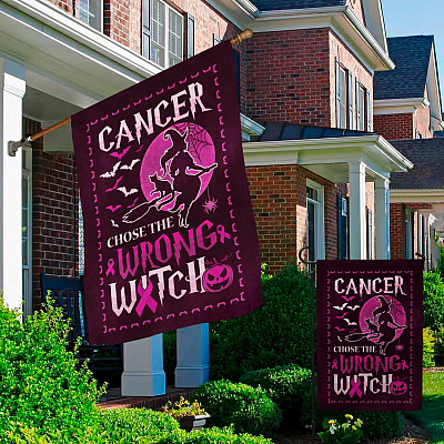 Alternative view of Cancer Choose the Wrong Witch Decorative Garden Flag-Halloween Breast Cancer Awareness House Flag-Pink Ribbon Wall Flag