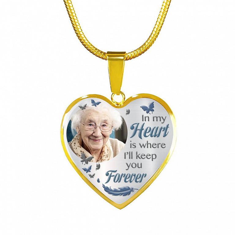 Custom Photo In My Heart Is Where I'll Keep You Forever Wings Personalized Memorial Heart Necklace - Bangle