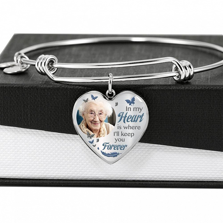 Custom Photo In My Heart Is Where I'll Keep You Forever Wings Personalized Memorial Heart Necklace - Bangle