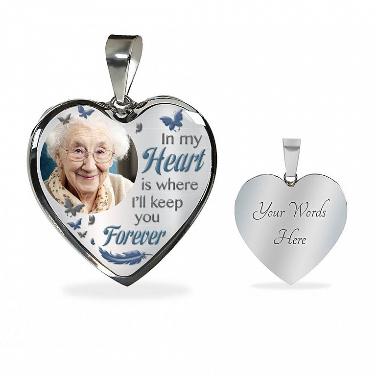Custom Photo In My Heart Is Where I'll Keep You Forever Wings Personalized Memorial Heart Necklace - Bangle