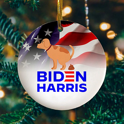 Dog Pooping On Biden Harris Decorative Christmas Ornament Keepsake - Impeach Biden Harris Gifts
