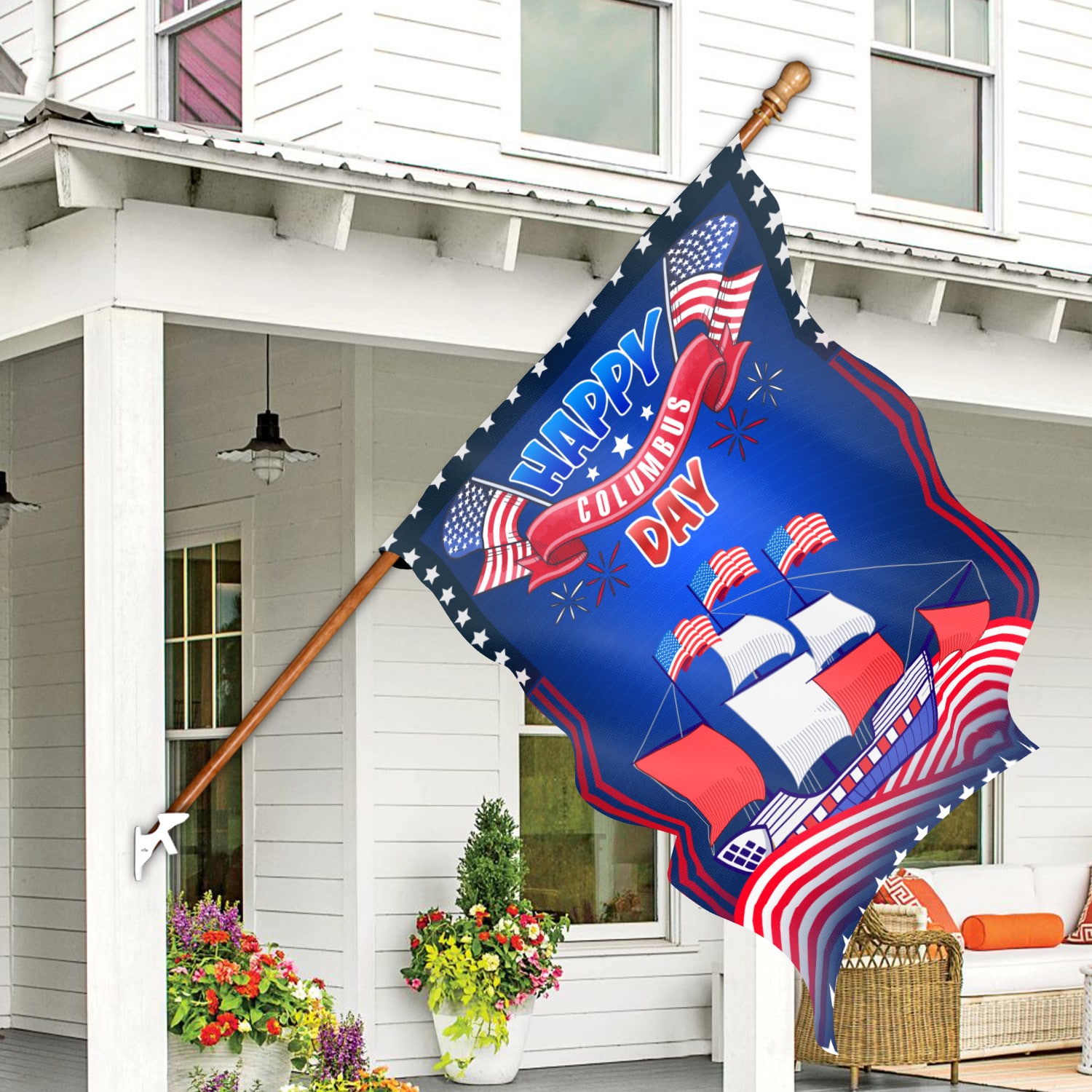 6KNG uu tien. Happy Columbus Day 30x40 House Flag Mockup 7