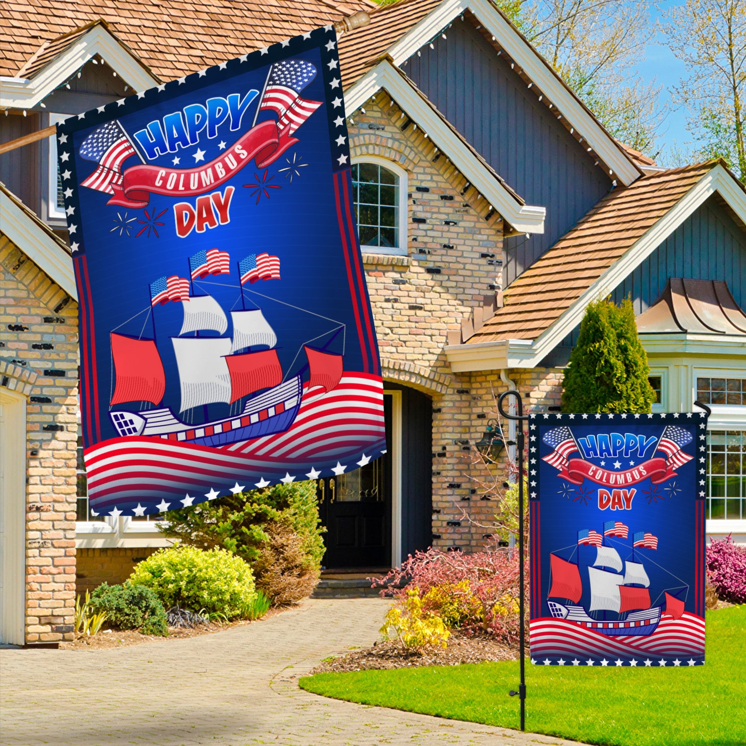6KNG uu tien. Happy Columbus Day 30x40 Garden & House Mockup 3
