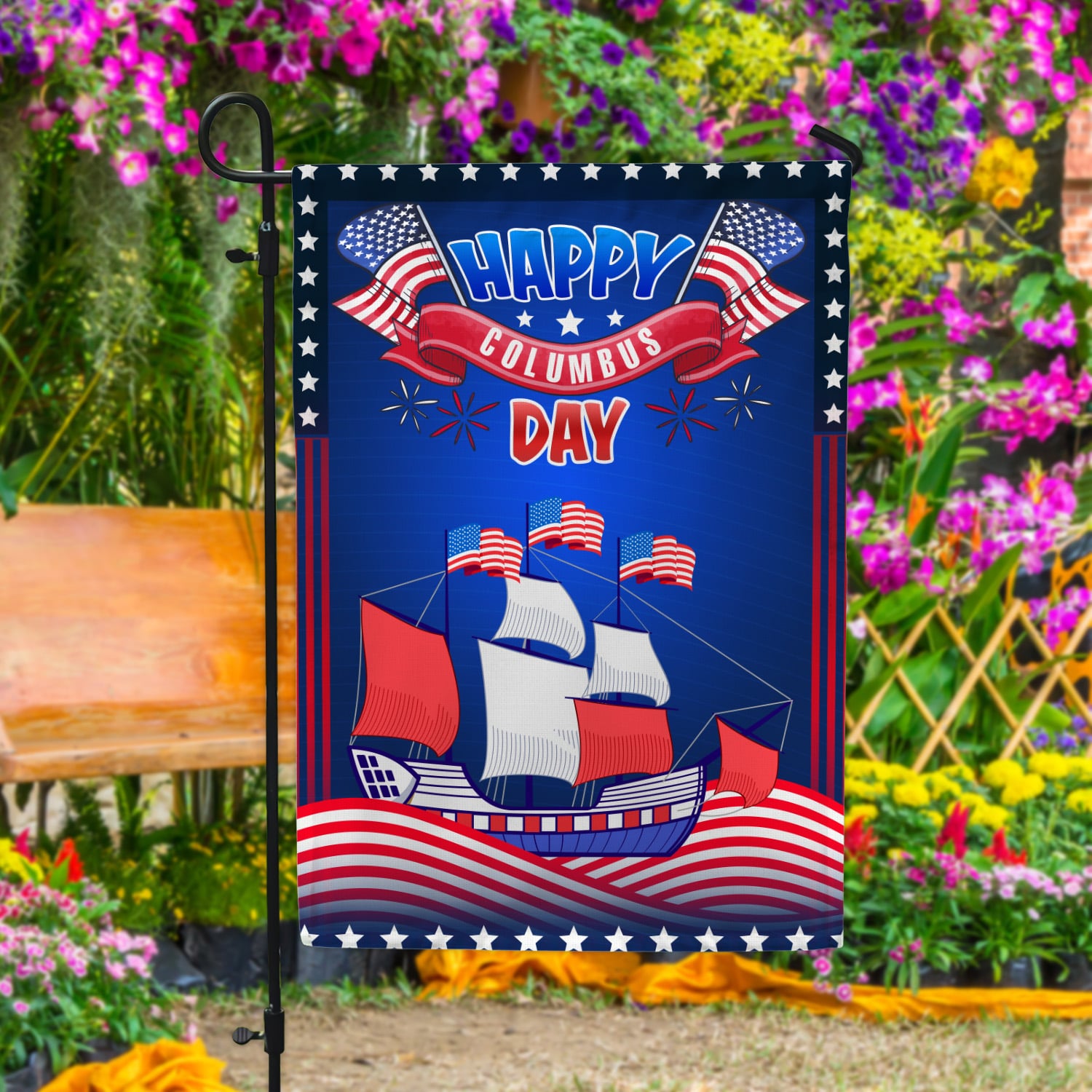 6KNG uu tien. Happy Columbus Day 30x40 Garden Flag Mockup 4