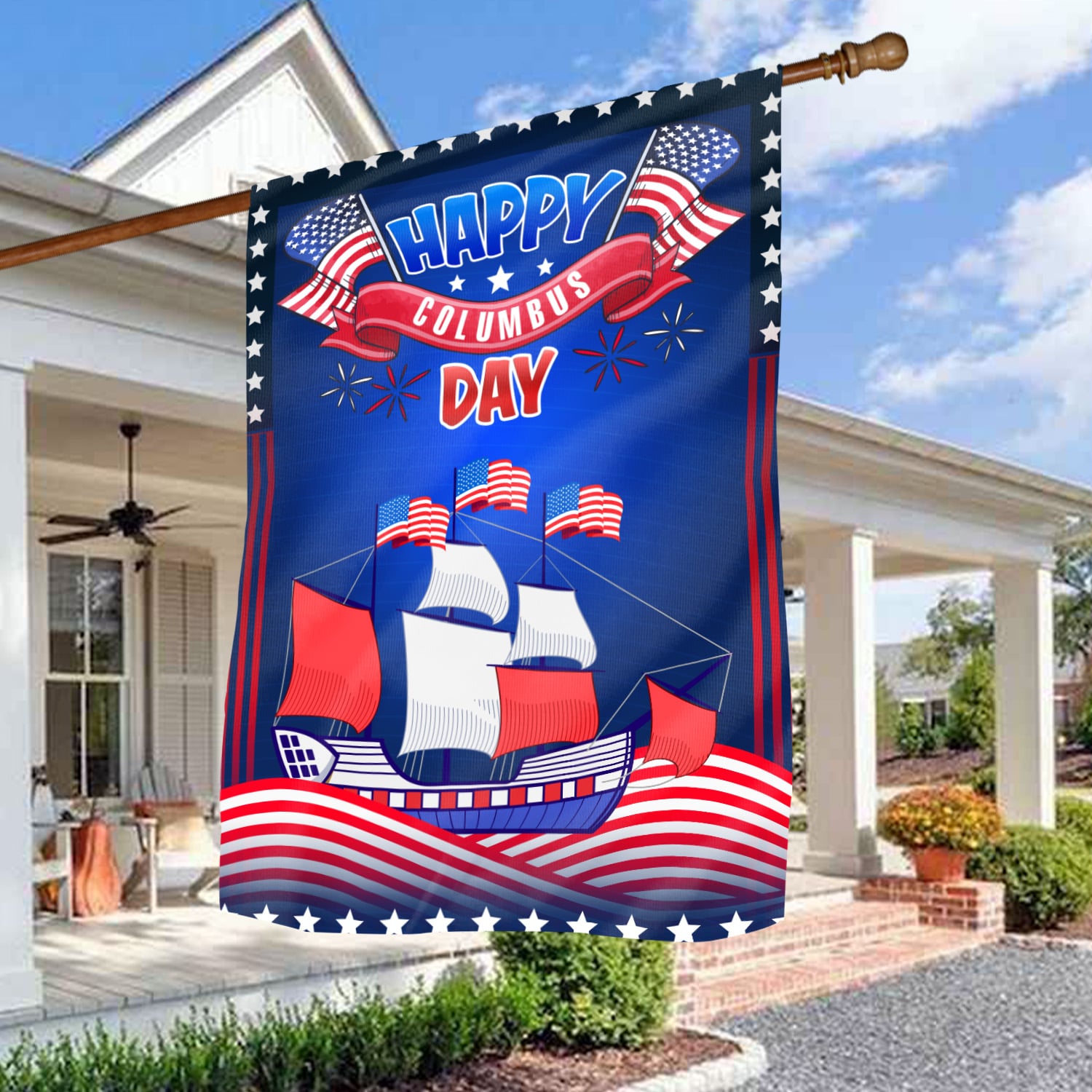 6KNG uu tien. Happy Columbus Day 30x40 House Flag Mockup 3