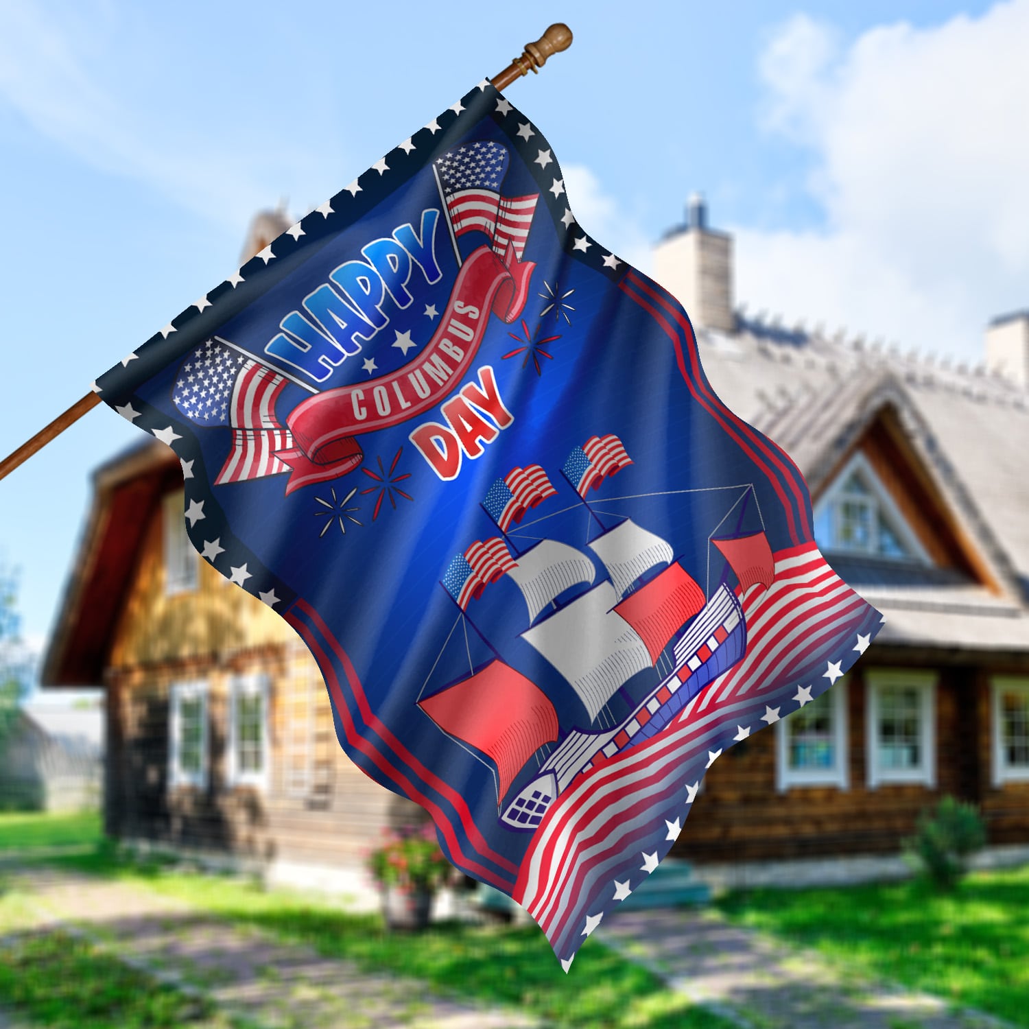 6KNG uu tien. Happy Columbus Day 30x40 House Flag Mockup 5
