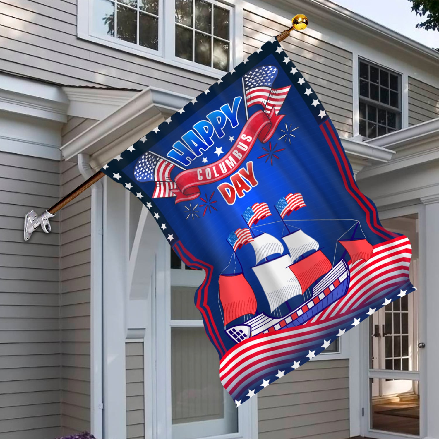 6KNG uu tien. Happy Columbus Day 30x40 House Flag Mockup 6