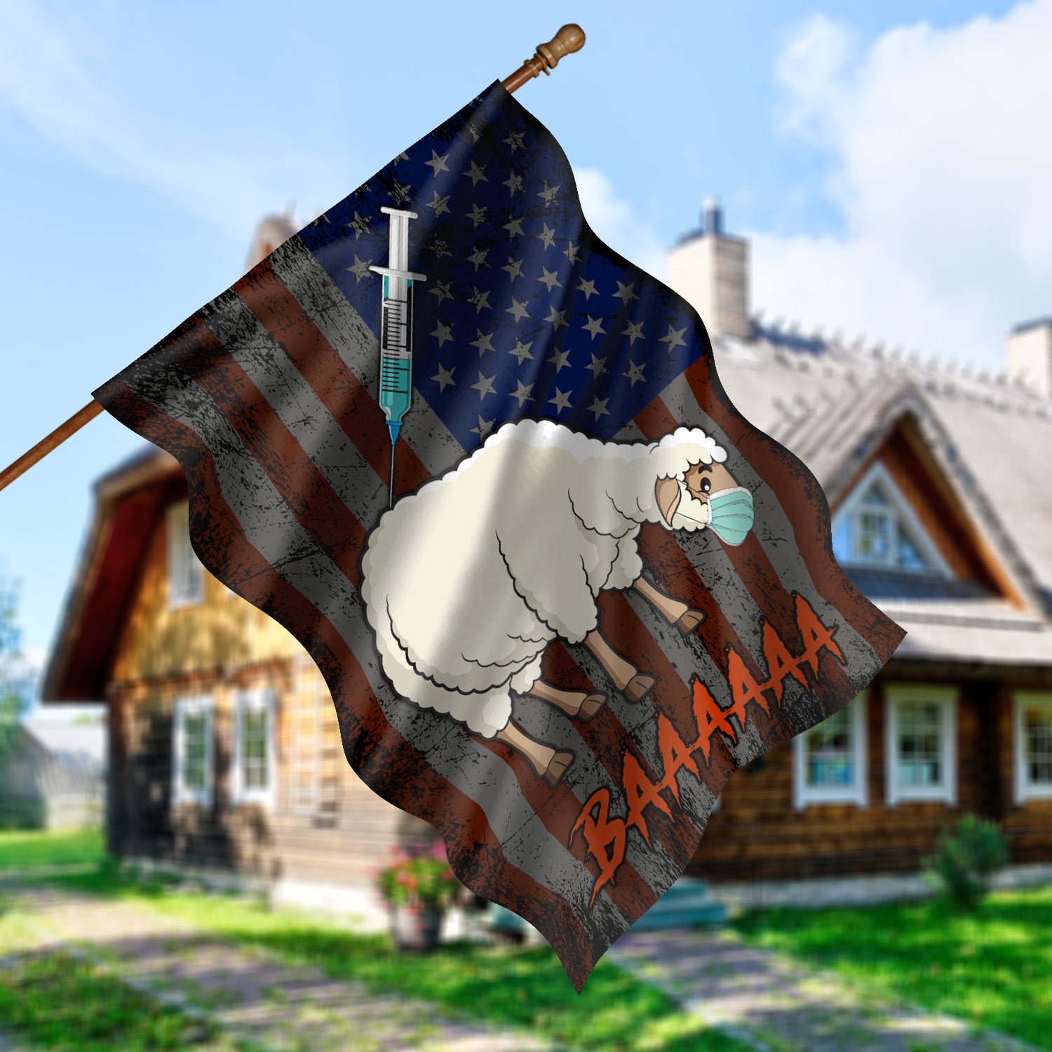 2NH. Vaccine Sheep House Flag Mockup 5