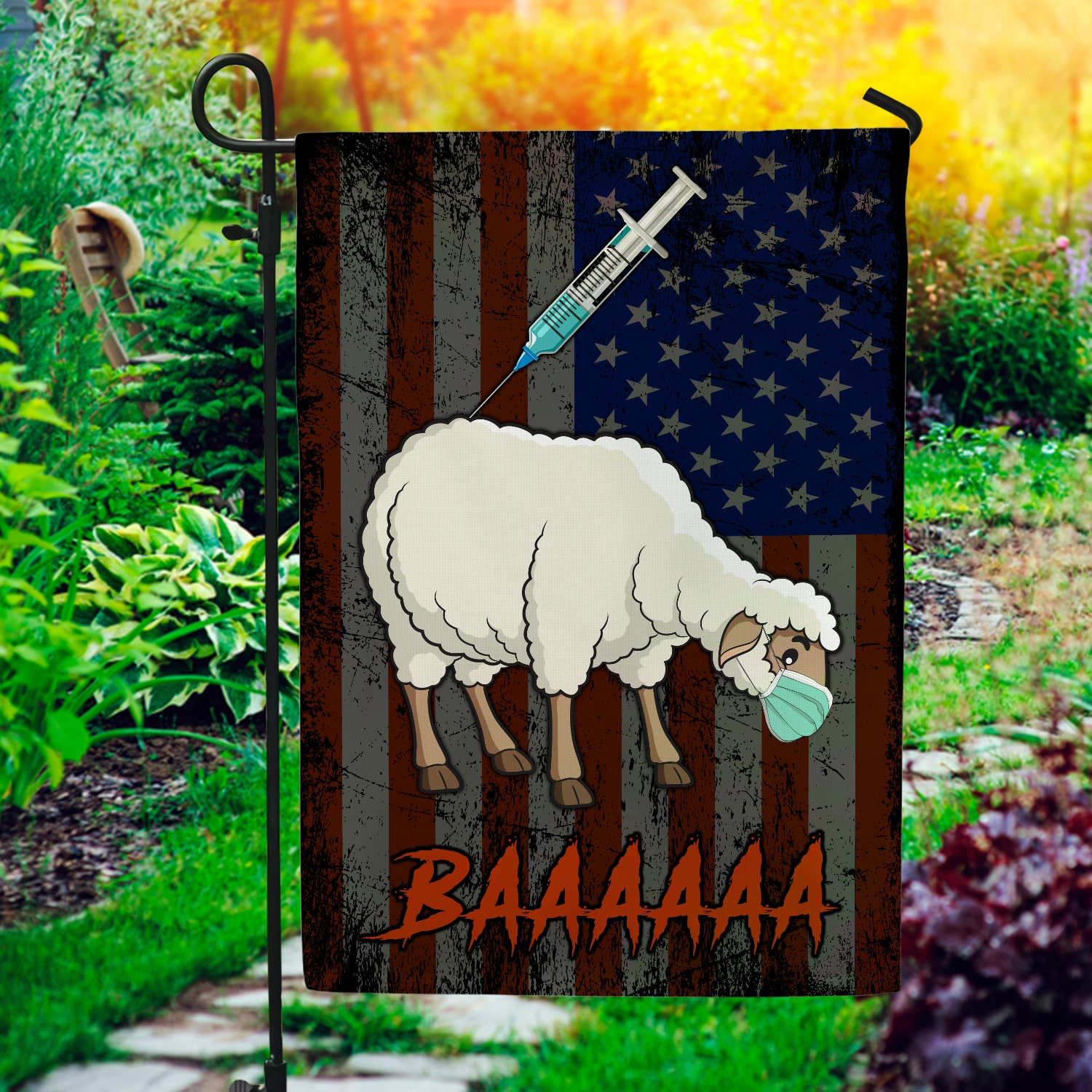 2NH. Vaccine Sheep Garden Flag Mockup 1