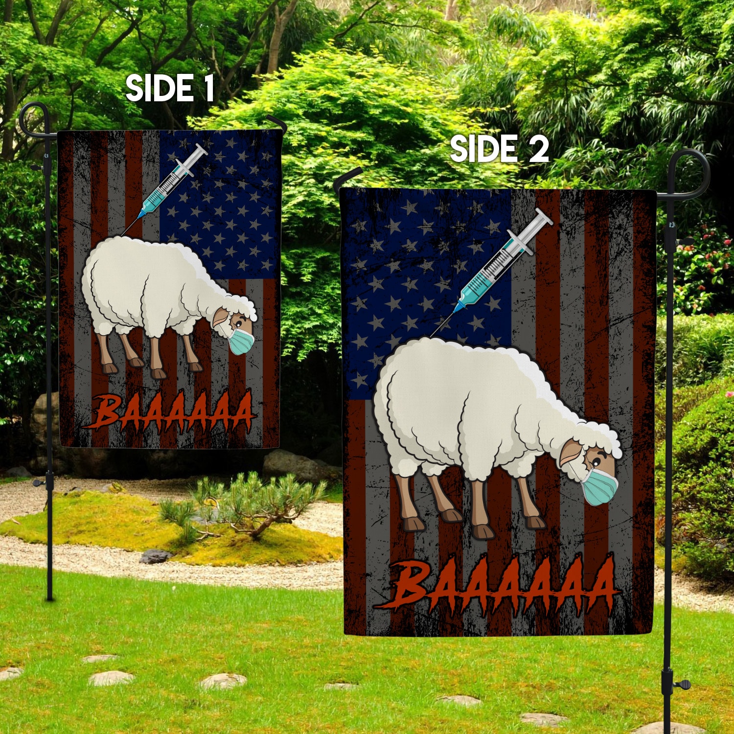 2NH. Vaccine Sheep Garden Flag Mockup 2 Side