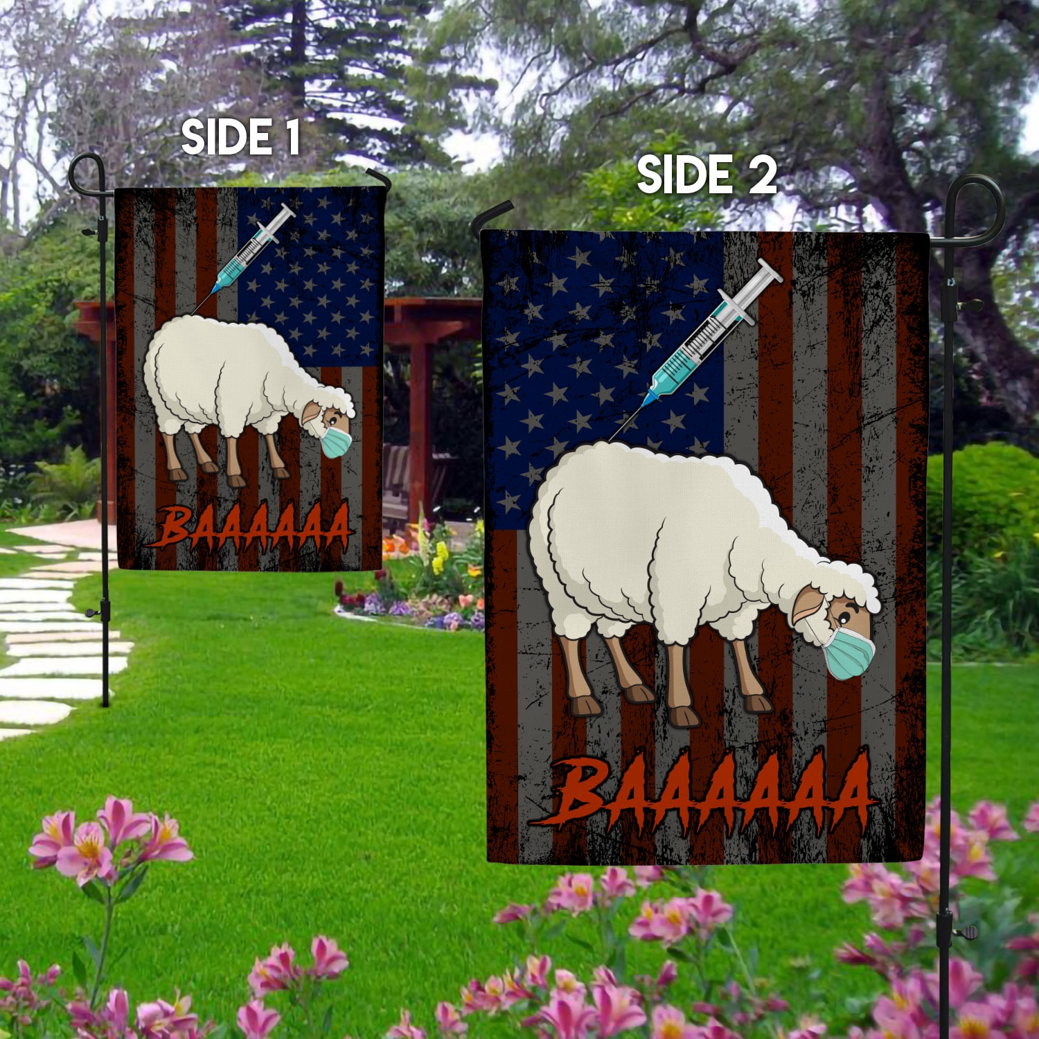 2NH. Vaccine Sheep Garden Flag Mockup 2 Side-1