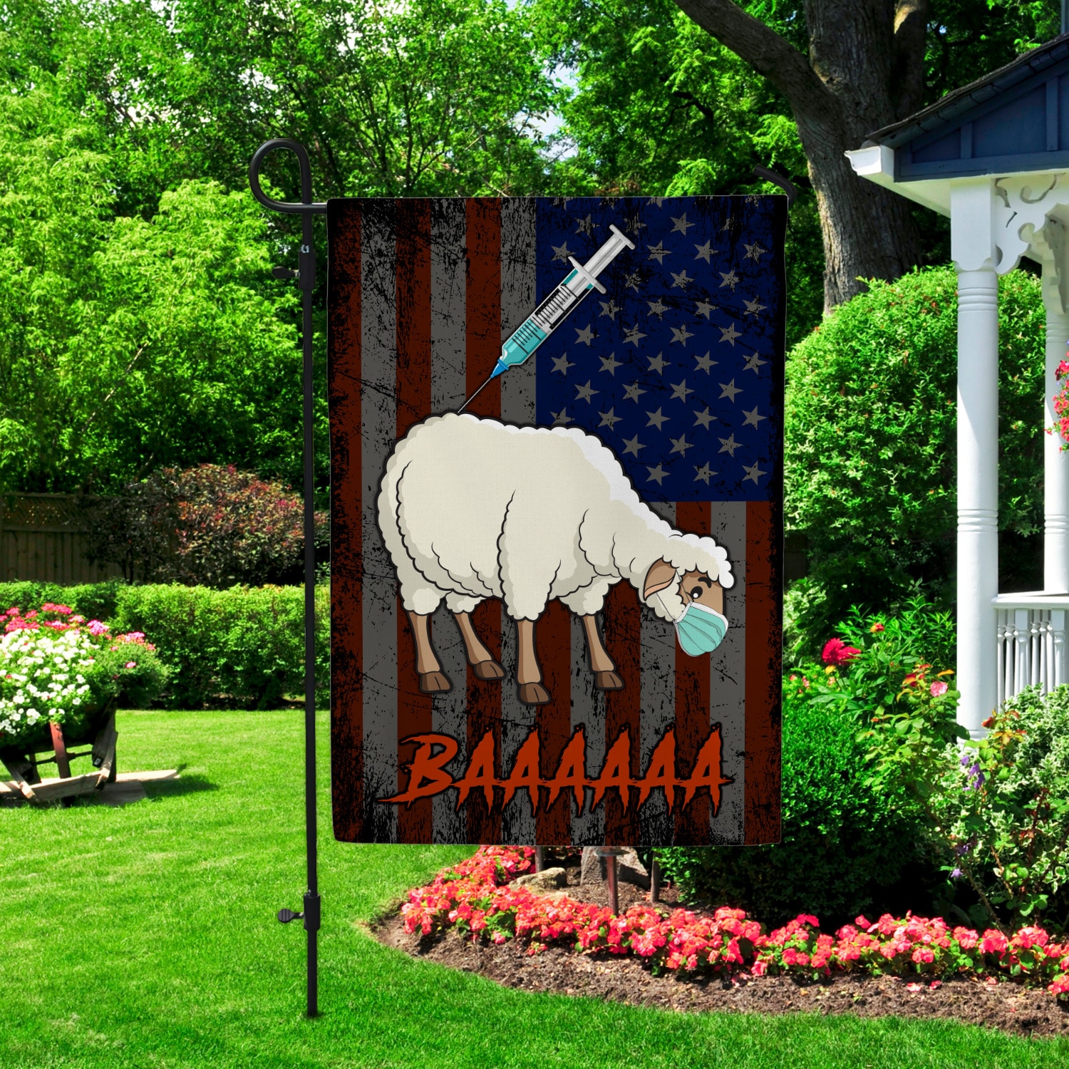 2NH. Vaccine Sheep Garden Flag Mockup 2