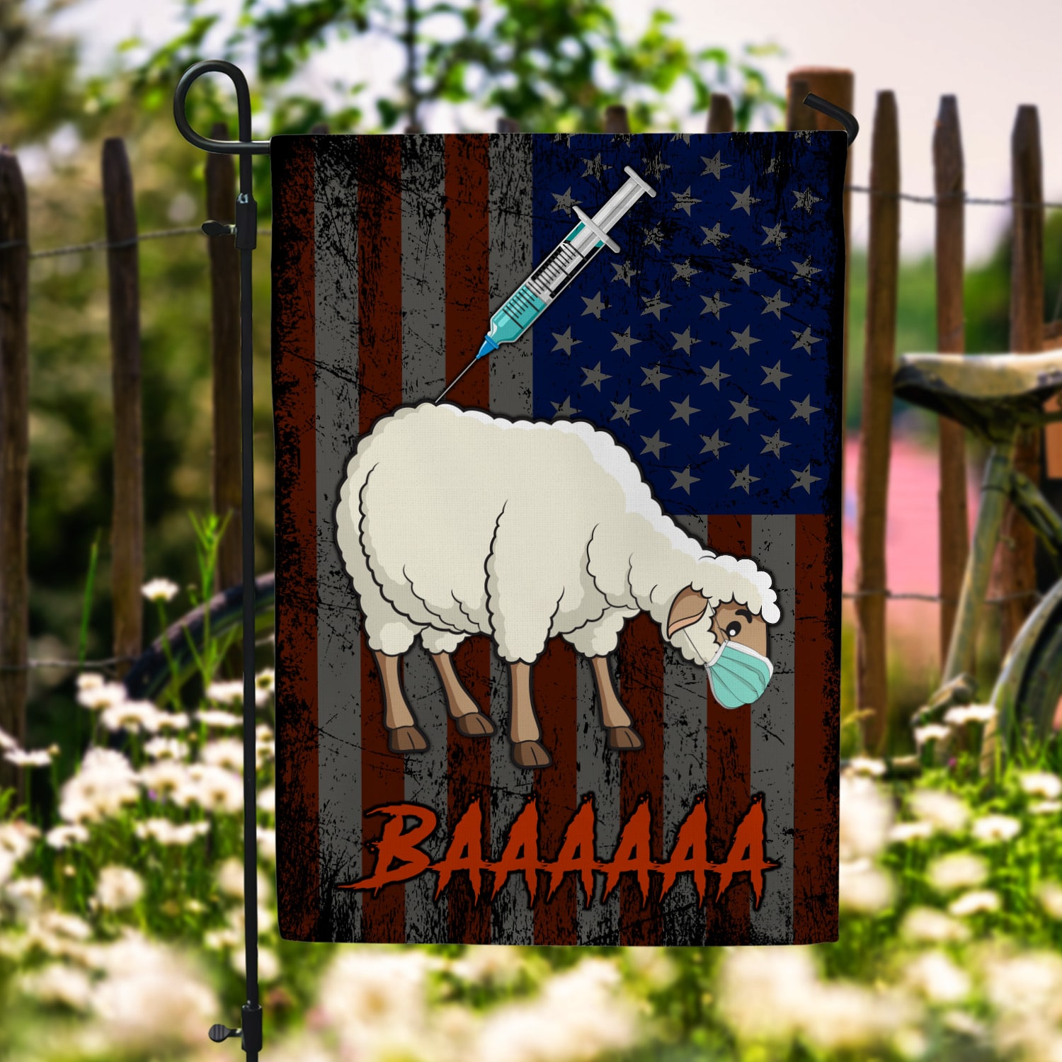 2NH. Vaccine Sheep Garden Flag Mockup 6