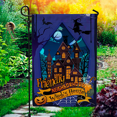 Friendly Neighborhood Witch's House Happy Halloween Garden Flag - House Flag - Wall Flag