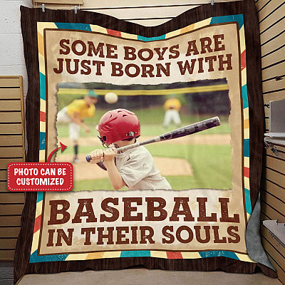 Personalized Photo Some Boys Are Just Born With Baseball In Their Souls Fleece Blanket - Mink Sherpa Blanket