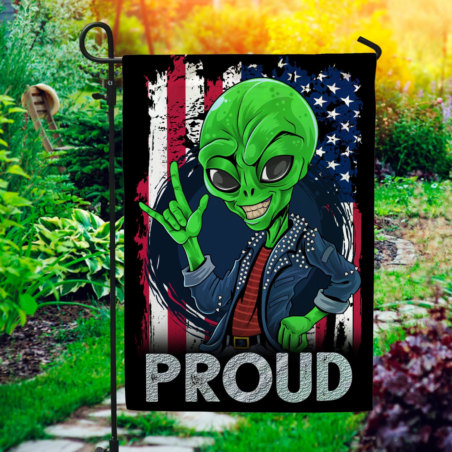 4BN. Alien American Flag side 1 30x40 Garden Flag Mockup 1