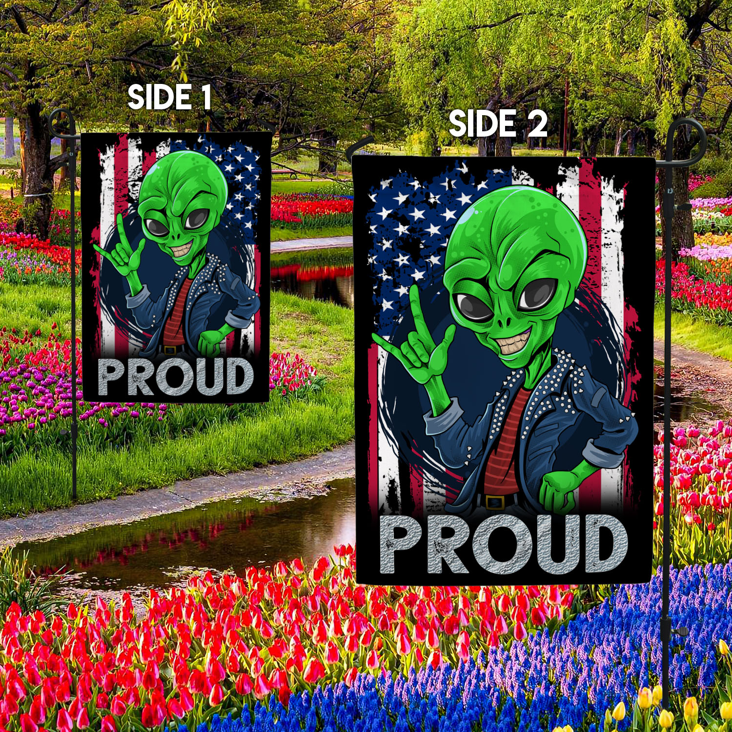 4BN. Alien American Flag side 1 30x40 Garden Flag Mockup 2 Side-2