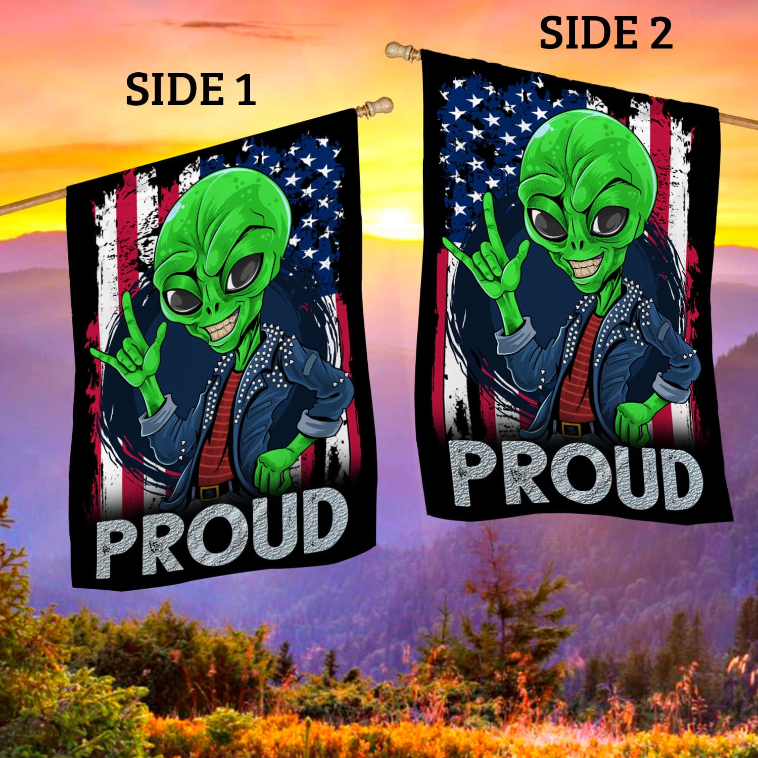 4BN. Alien American Flag side 1 30x40 House Flag Mockup 2 Side