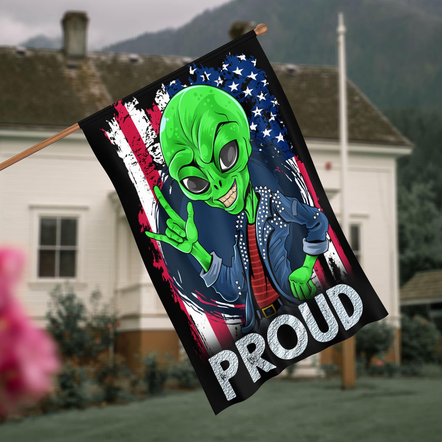 4BN. Alien American Flag side 1 30x40 House Flag Mockup 4