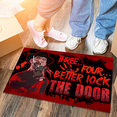 Three Four Better Lock The Door Freddy Krueger Outdoor Indoor Doormat - Funny Halloween Horror Movie Door Mat