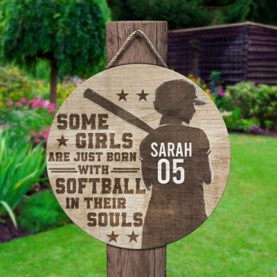 Alternative view of Personalized Girls Are Just Born With Softball In Their Souls Decorative Circle Wooden Door Sign