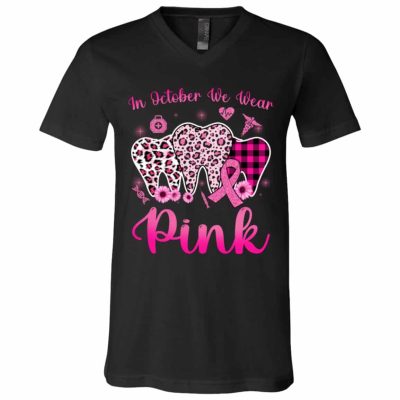 1Th. We Wear Pink Tooth, Black, V-Neck T-Shirt
