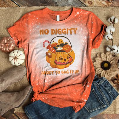 Alternative view of No Diggity About To Bag It Up Sublimation Bleached T-Shirt - Funny Halloween Pumpkin Bleached Shirt