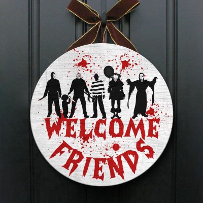 Alternative view of Horror Friends Welcome Halloween Wooden Door Sign - Horror Movie Characters Sign Indoor Outdoor Decor
