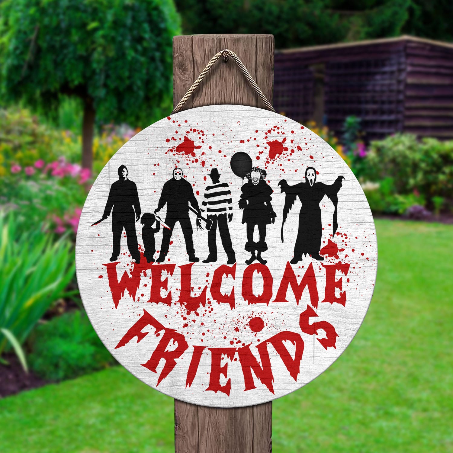 32 HG. Welcome Friends Horror Door Sign Mockup 2