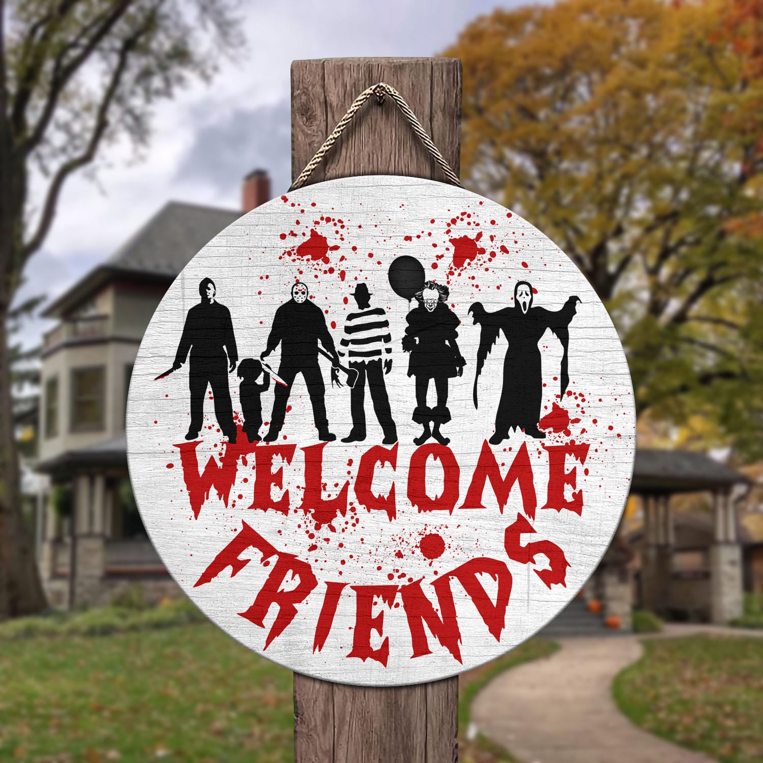 32 HG. Welcome Friends Horror Door Sign Mockup 3