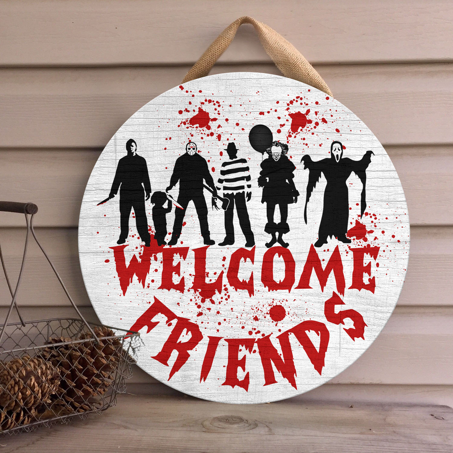 32 HG. Welcome Friends Horror Door Sign Mockup 4